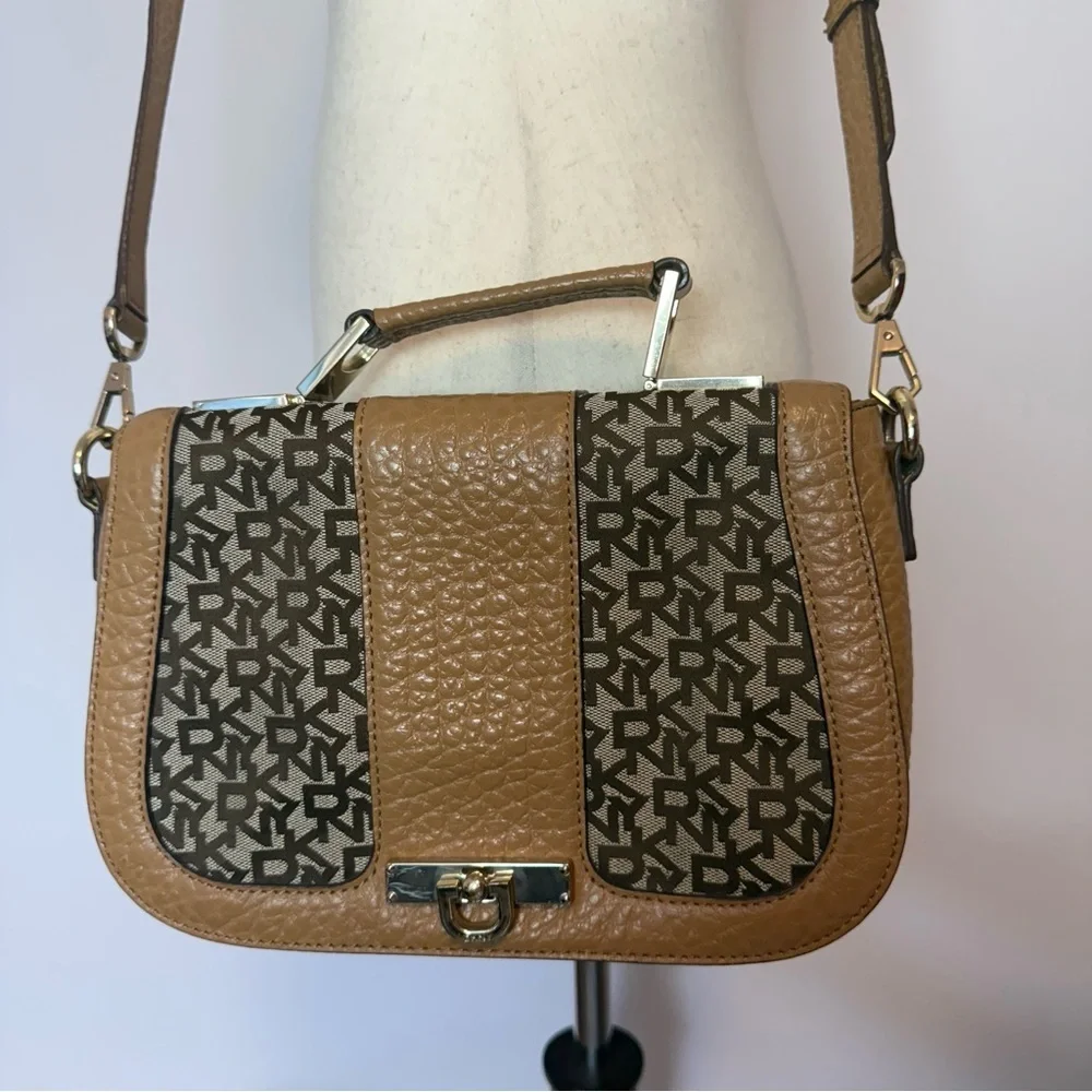 DKNY Tan Genuine Leather and Fabric Crossbody Handbag